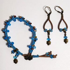 Hand Beaded New, Unique, Hand Crafted Leather/Czech Glass Bracelet & Earrings